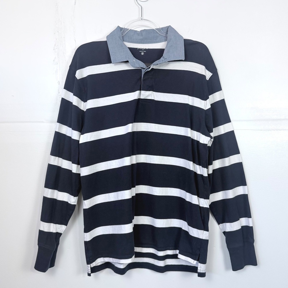 J.Crew Mens Rugby Striped Shirt Navy White Chambray Collar Preppy Y2K Medium